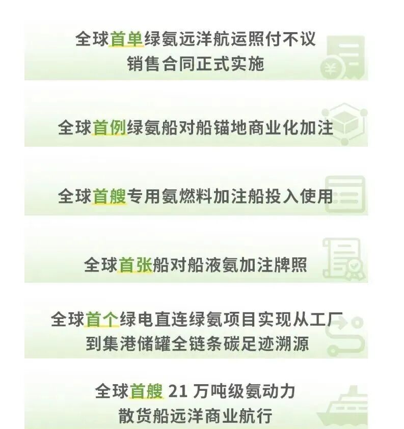 10月13日，浙江舟山秀山东海上锚地，1000吨由中国能建“青氢一号”松原氢能产业园生产的绿氨，通过全球首艘专用液氨加注船，缓缓流入一艘21万吨级氨动力船舶的燃料舱。
全球首例绿氨燃料船对船加注，成功！
随后，这艘船将从舟山启航驶向澳洲，开启人类海运史上一场里程碑式航行。
而一个星期后的10月20日，松原氢能产业园项目二期开工，建成后一、二期能年产60万吨绿氨为远洋航运提供规模化、可持续的绿色燃料保障。
这一次加注，让中国一口气拿下六个“全球第一”。更重要的是，它把一条从中国工厂到国际航线的大通道，第一次真正打通了。